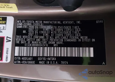 2011 Toyota Venza Base V6 z USA, uszkodzony, nr VIN 4T3ZK3BB8BU042416